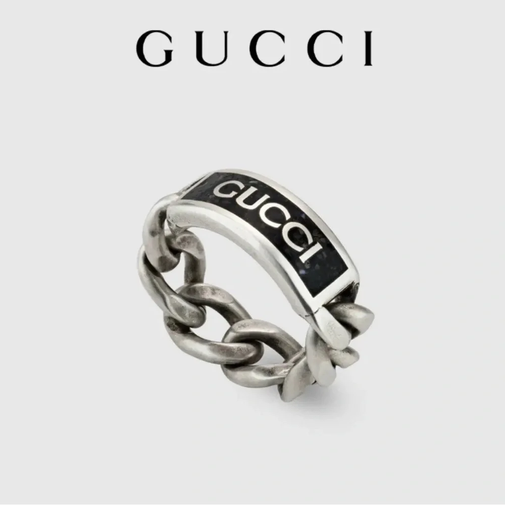 NEW Gucci Logo Chain Ring 925 Silver Black Enamel Sz 19 IT 8.75 US - Picture 2 of 6